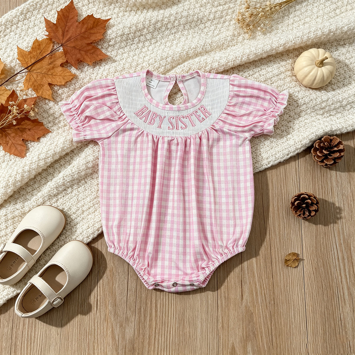 NEW RTS NO MOQ milk silk SR4230 Smocked Baby Sister Short Sleeve Pink Checked Ruffle Rompers