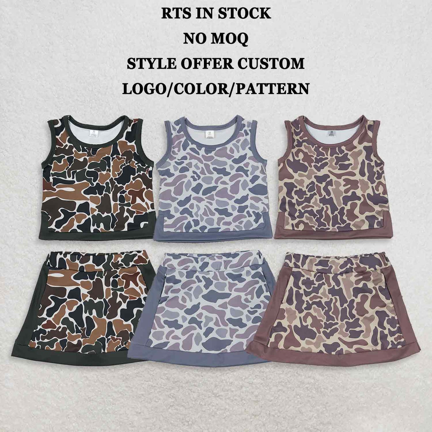 RTS NO MOQ Sibling Yoga Baby Girls Southern Camo Vest Top Skirt Short Yoga Active Clothes Sets