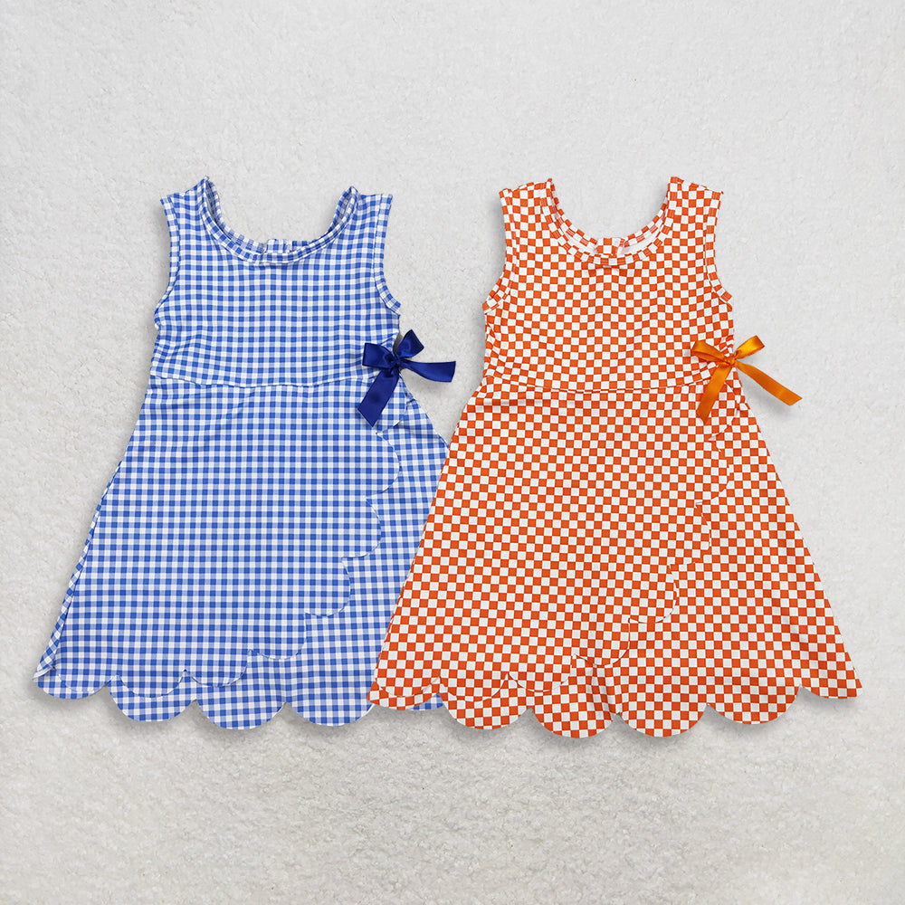 3.30 Sibling Baby Girls Blue Orange Checked Yoga Active Shorts Scallop Knee Length Dresses
