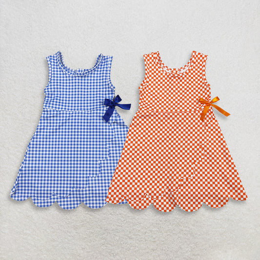 3.30 Sibling Baby Girls Blue Orange Checked Yoga Active Shorts Scallop Knee Length Dresses
