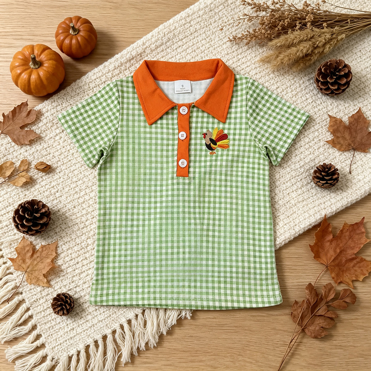 NEW RTS NO MOQ milk silk BT1889 Embroidery Turkey Baby Boys Green Checked Thanksgivings Polo Button Shirts Top