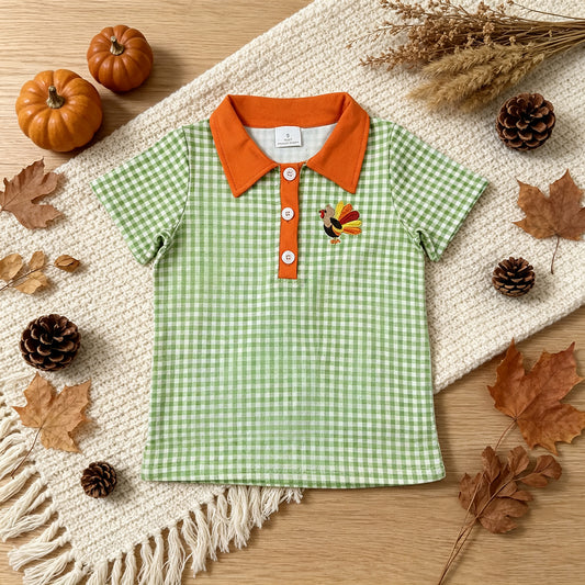 NEW RTS NO MOQ milk silk BT1889 Embroidery Turkey Baby Boys Green Checked Thanksgivings Polo Button Shirts Top