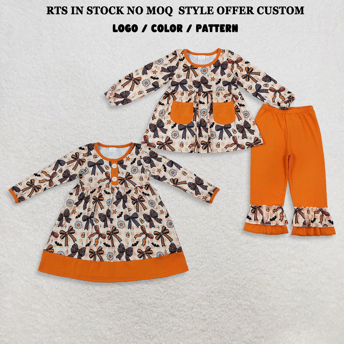 RTS NO MOQ Sibling milk silk Baby Girls Bats Flowers Pockets Tunic Ruffle Pant Halloweens Clothes Sets Fall Holiday Outfit Dress