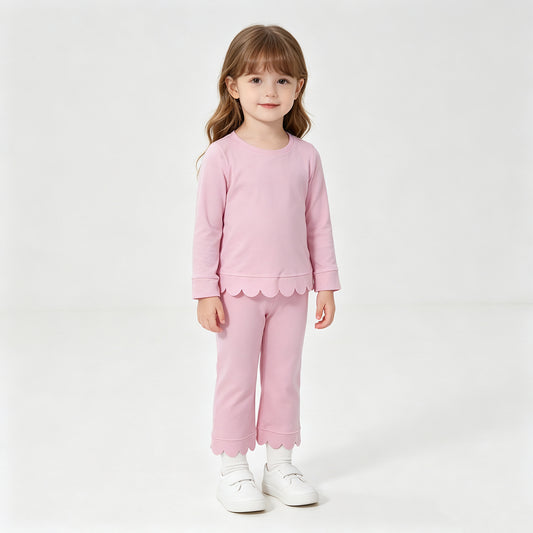 NEW RTS NO MOQ cotton GLP3291 Baby Girls Pink Solid Scallop Trim Long Sleeve Top And Pants Two Piece Pajama Set
