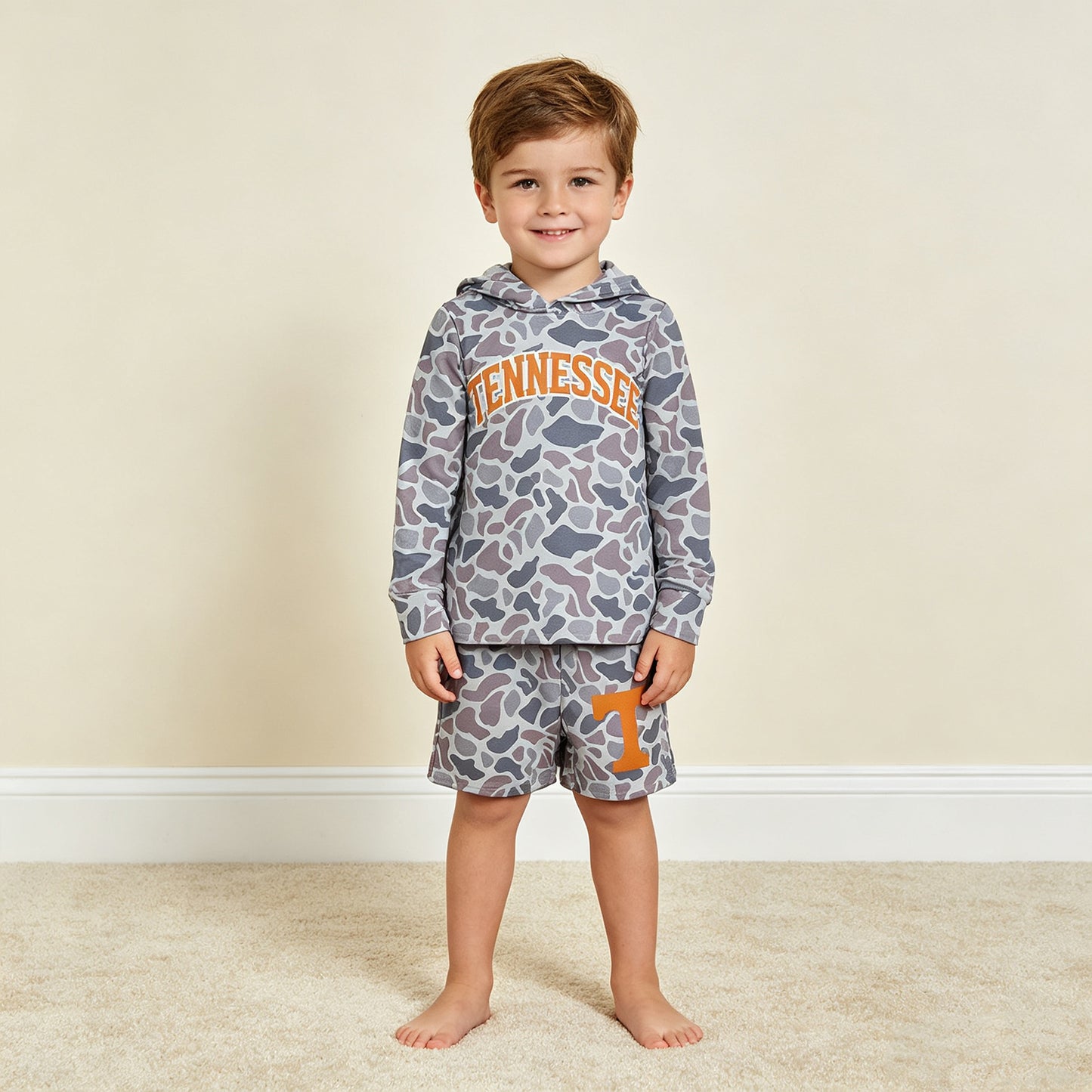 NEW RTS NO MOQ milk silk BLS0042 Baby Boys Grey Camo Orange Letter Print Long Sleeve Hoodie Casual Shorts Team Clothes Set
