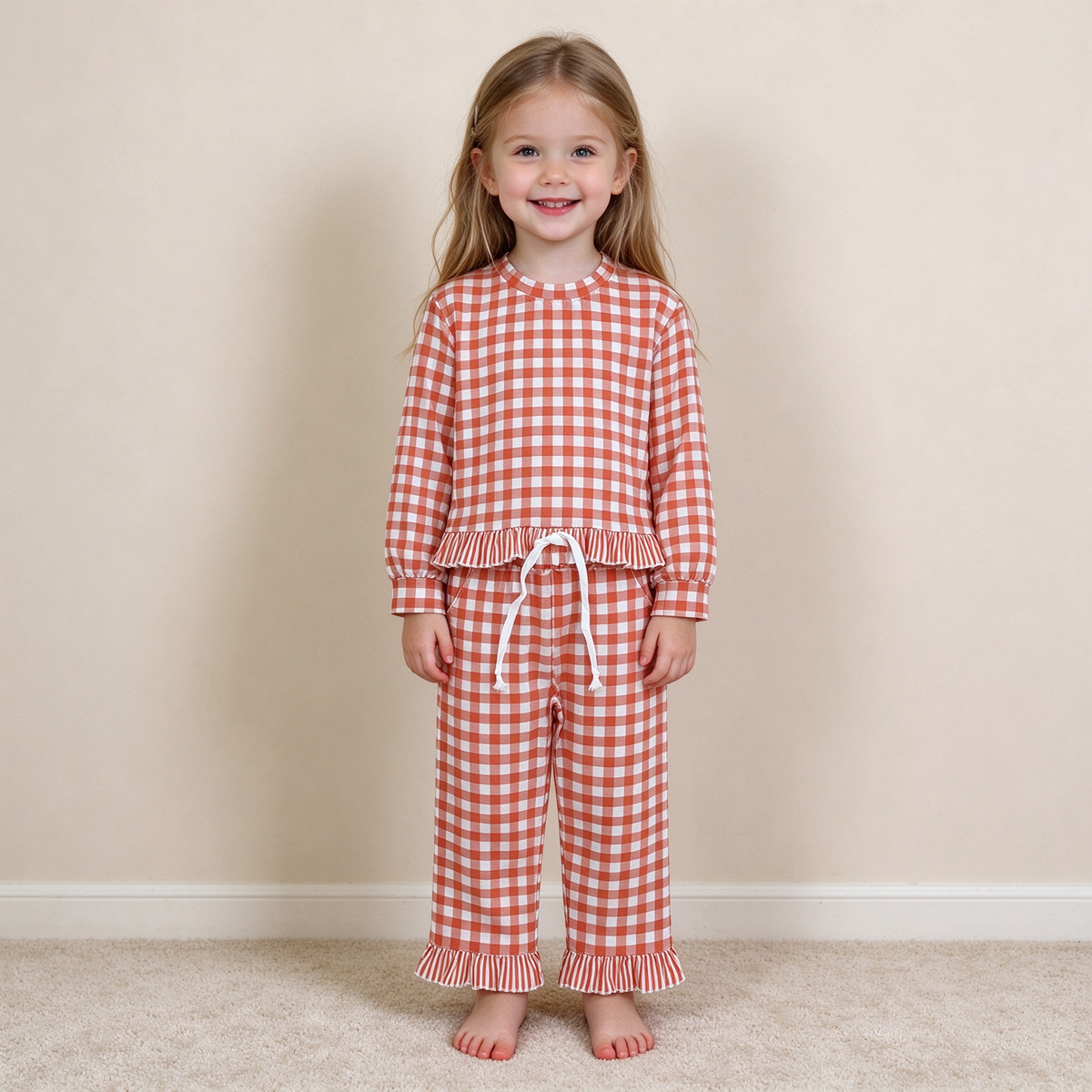 NEW RTS NO MOQ milk silk GLP3672 Baby Girls Orange Checked Top Pockets Ruffle Pant Clothes Set