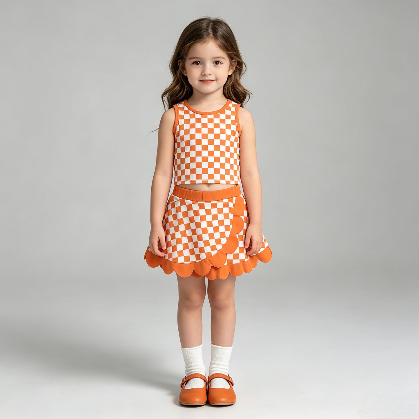 NEW RTS NO MOQ yoga fabric GSD4252 Baby Girls Orange Check Scallop Edge Vest Skort Active Clothes Set