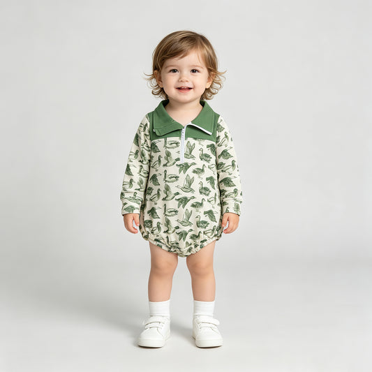 NEW RTS NO MOQ milk silk LR3050 Baby Boys Duck Hunting Print Long Sleeve Quarter Zipper Front Romper