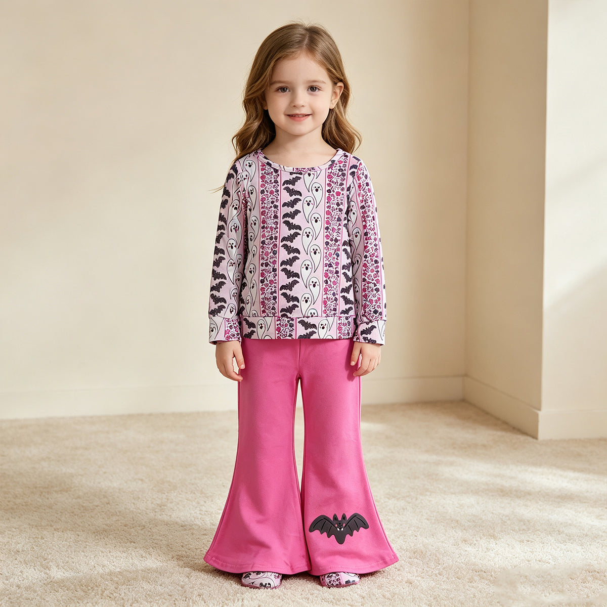 NEW RTS NO MOQ milk silk GLP3537 Baby Girls Bat Ghosts Stripe Top Flare Pant Halloweens Clothes Sets