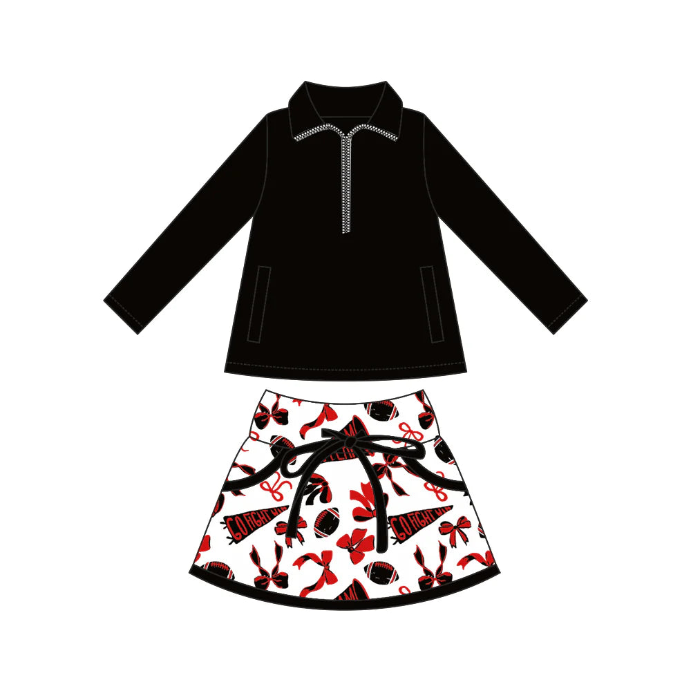 8.8Preorder (moq 5)Baby Girls Black Pockets Zipper Pullovers Top Bows Footballs Plaid Skorts Team Set