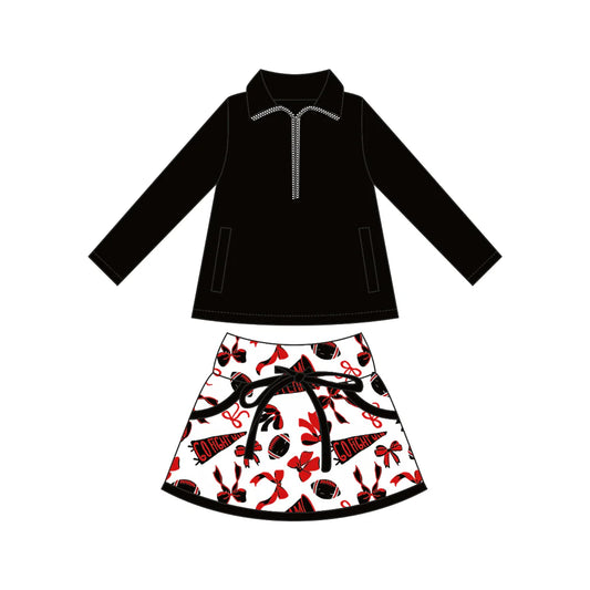 8.8Preorder (moq 5)Baby Girls Black Pockets Zipper Pullovers Top Bows Footballs Plaid Skorts Team Set