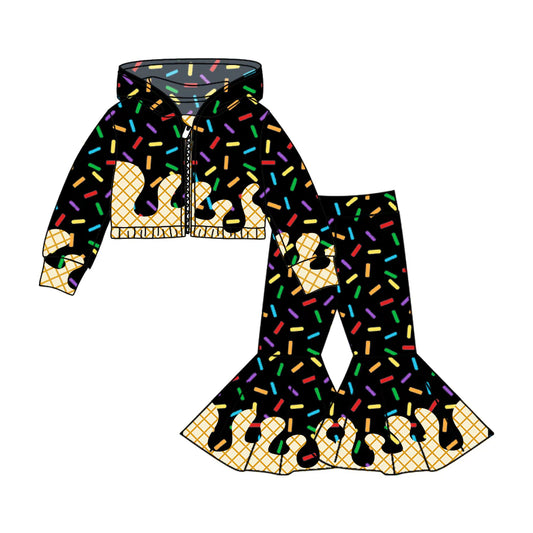 8.4Preorder (moq 5)Baby Girls Black Long Sleeves Drip Zipper Jacket Top Bell Bottom Pant Team Clothes Sets
