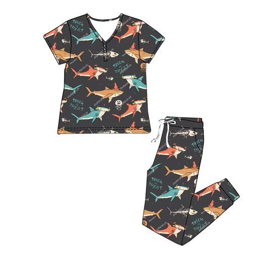 6.21 Shark Cartoon Short Sleeve Long Pants Suit