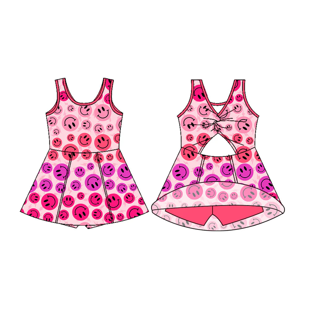 7.18Preorder (moq 5)Baby Girls Pink Sleeveless Smiles Lights Shorts Team Knee Length Dresses