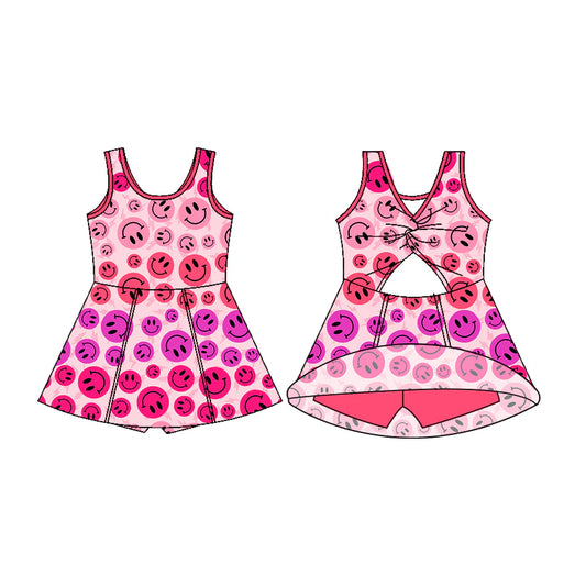 7.18Preorder (moq 5)Baby Girls Pink Sleeveless Smiles Lights Shorts Team Knee Length Dresses
