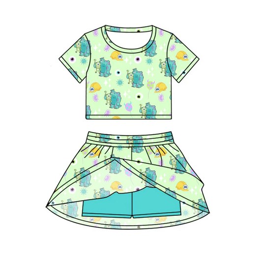 6.19 Green cartoon short-sleeved skirt and pants suit