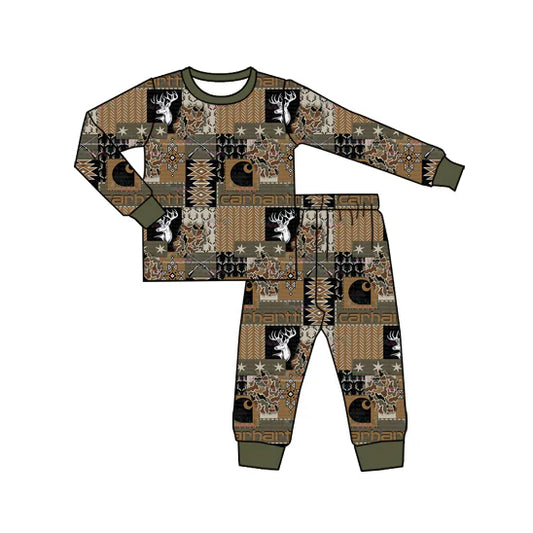 7.19Preorder (moq 5)Baby Boys Long Sleeves Deer Aztec Plaid Top Pant Pajamas Set