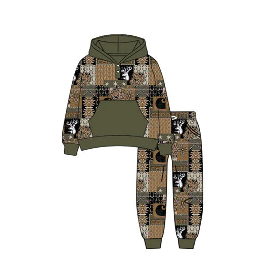 7.19Preorder (moq 5)Baby Boys Long Sleeves Deer Aztec Plaid Button Pocket Hoodies Pant Set