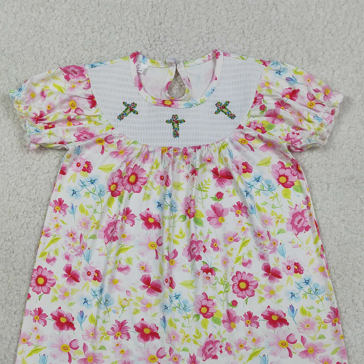 3.28 GSD3314 Floral short sleeves cross smocked baby girls Easter dress