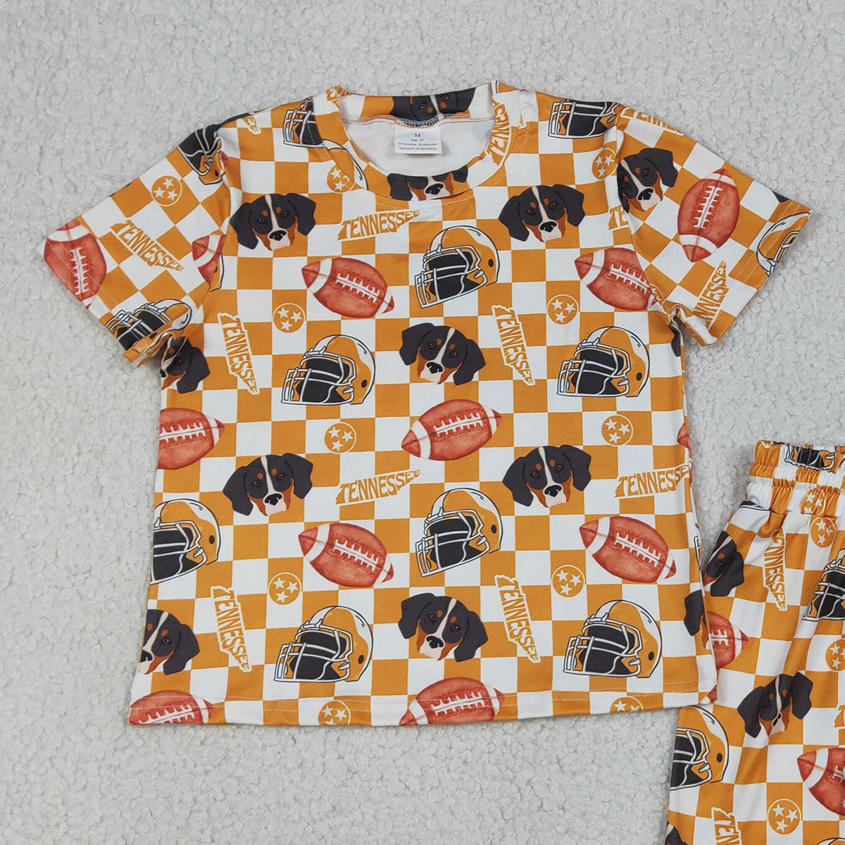 GSSO3161 Baby Girls Orange Checked Football Tennessee Top Shorts Team Slouchy Sets