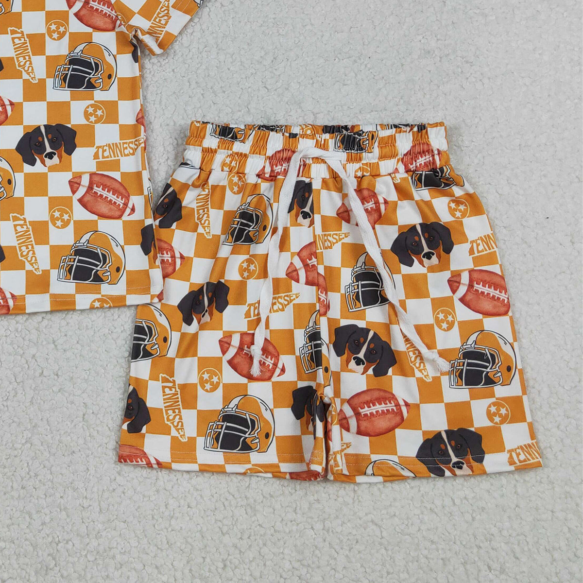 GSSO3161 Baby Girls Orange Checked Football Tennessee Top Shorts Team Slouchy Sets
