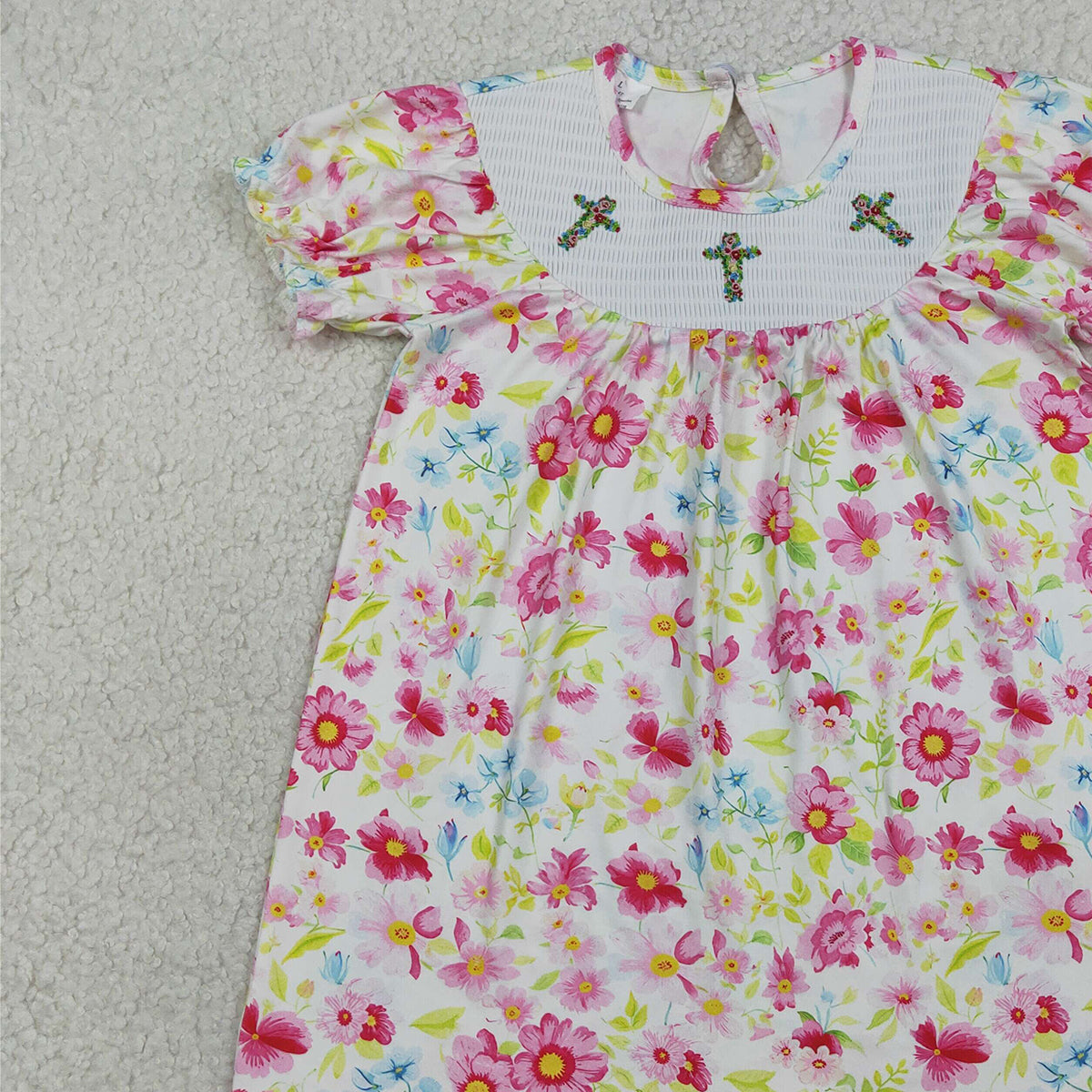 3.28 GSD3314 Floral short sleeves cross smocked baby girls Easter dress