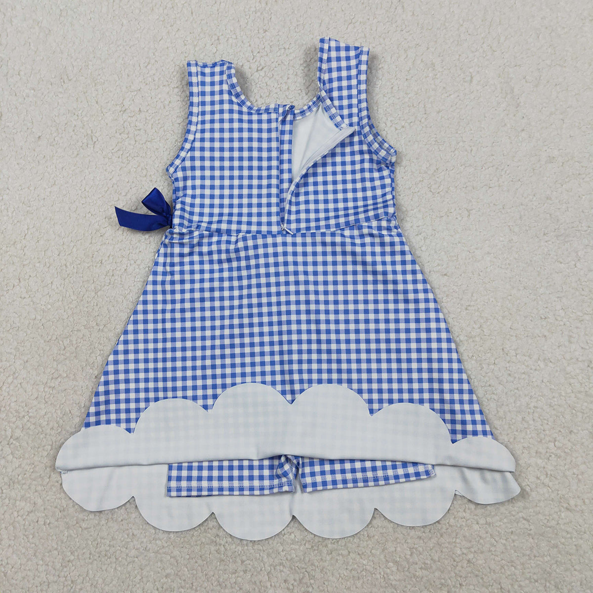 3.30 GSD3427 Baby Girls Blue Checked Yoga Active Scallop Shorts Knee Length Dresses