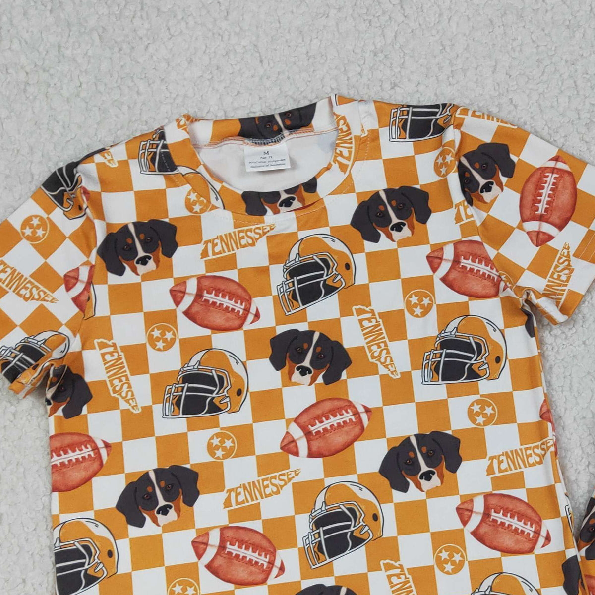 GSSO3161 Baby Girls Orange Checked Football Tennessee Top Shorts Team Slouchy Sets