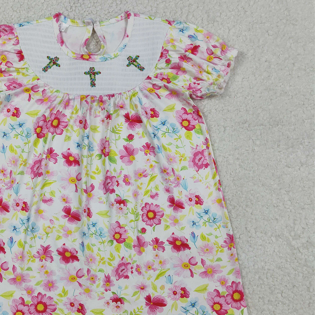 3.28 GSD3314 Floral short sleeves cross smocked baby girls Easter dress