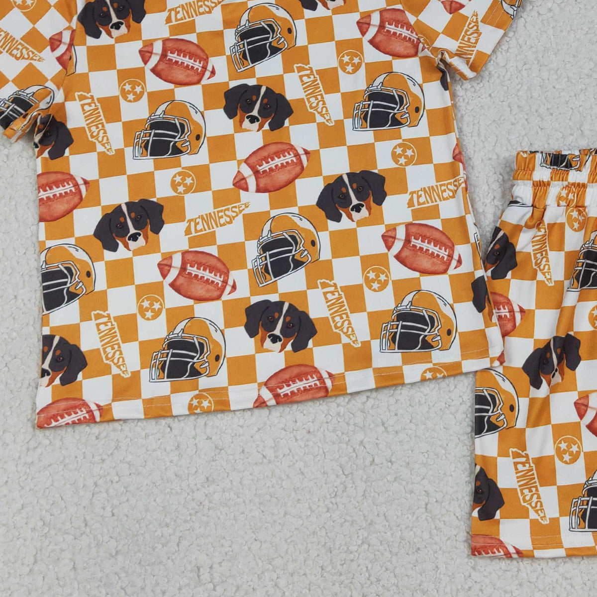 GSSO3161 Baby Girls Orange Checked Football Tennessee Top Shorts Team Slouchy Sets