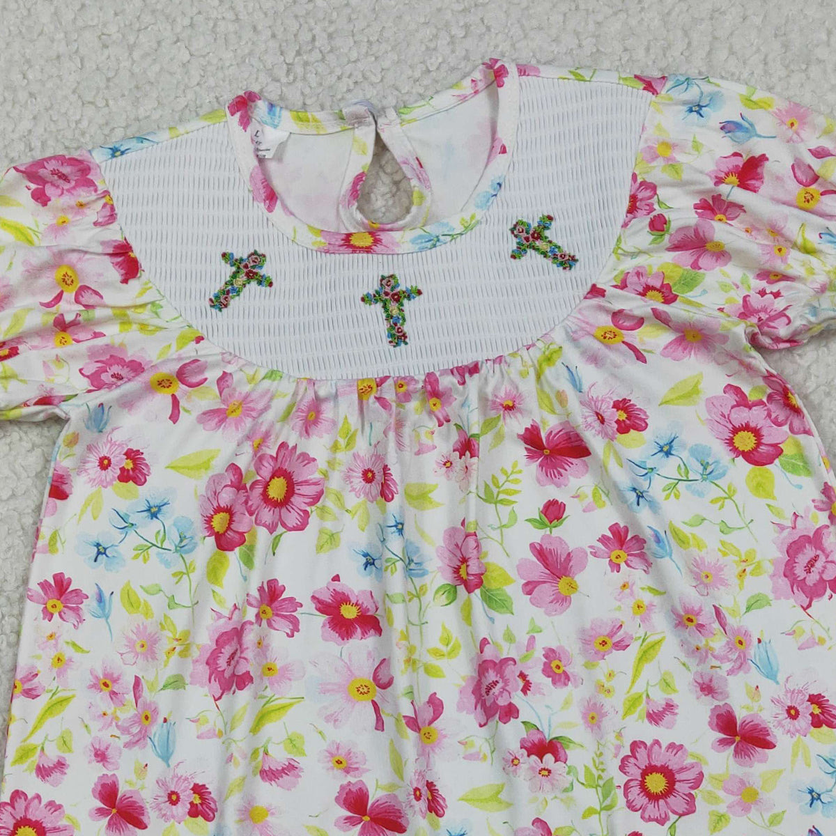 3.28 GSD3314 Floral short sleeves cross smocked baby girls Easter dress