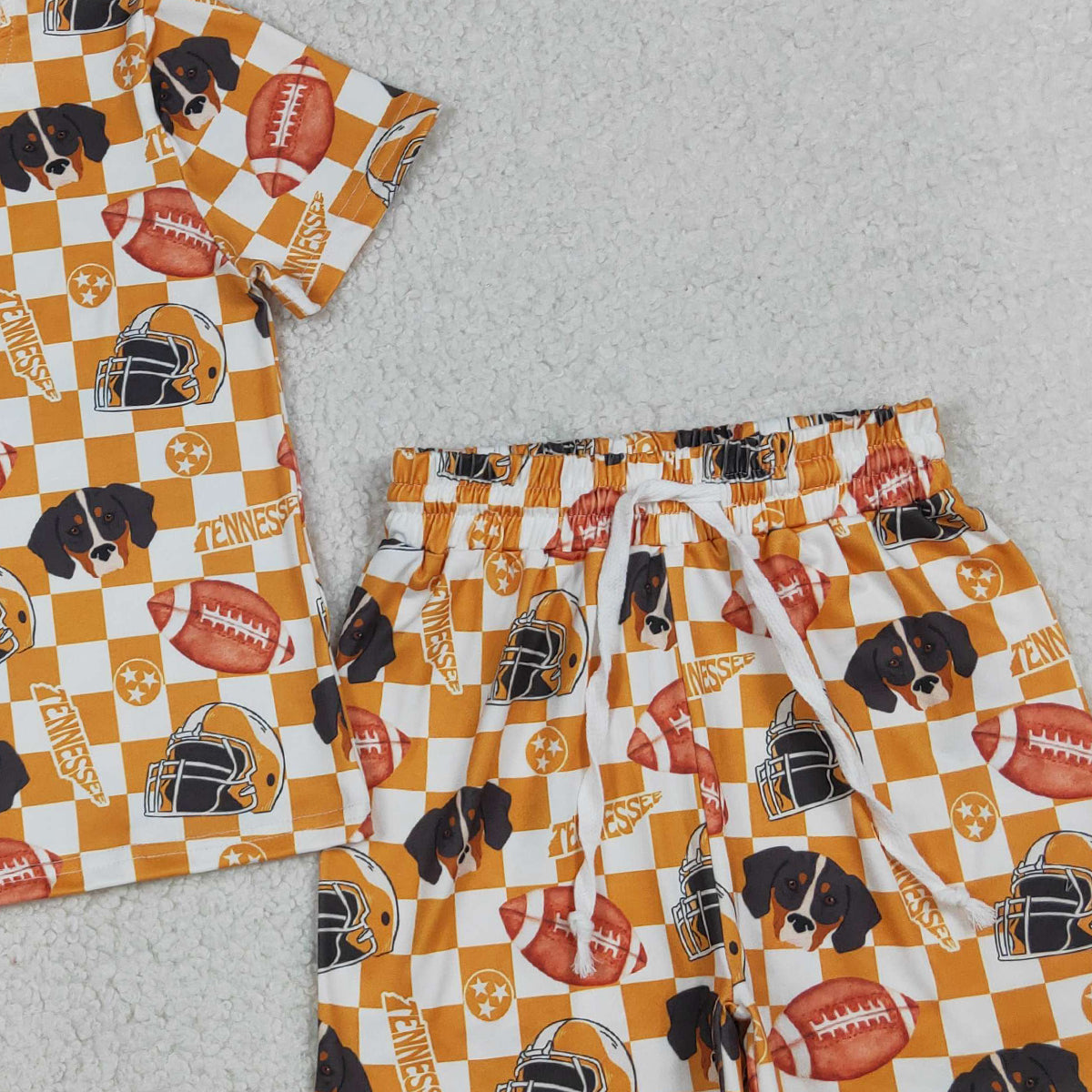 GSSO3161 Baby Girls Orange Checked Football Tennessee Top Shorts Team Slouchy Sets