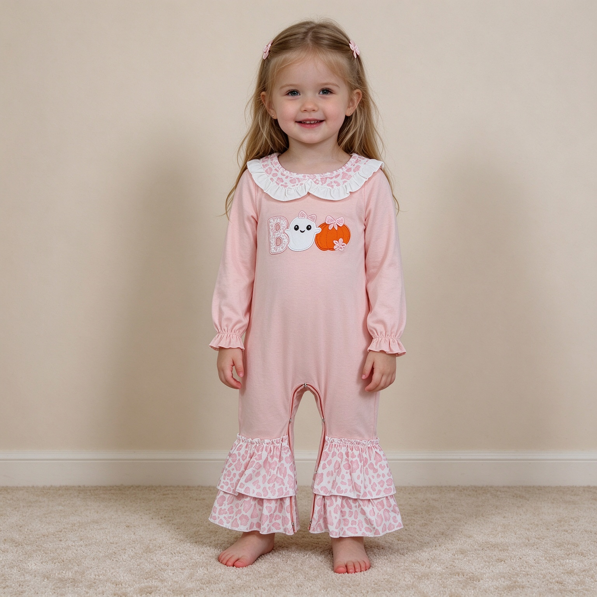 NEW RTS NO MOQ milk silk LR3223 Embroidery Pumpkin Ghost BOO Baby Girls Halloween Ruffle Pant Rompers