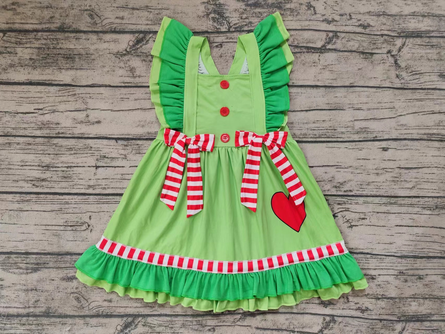 GSD1356 Love red and white striped bow green lace flying sleeve dress