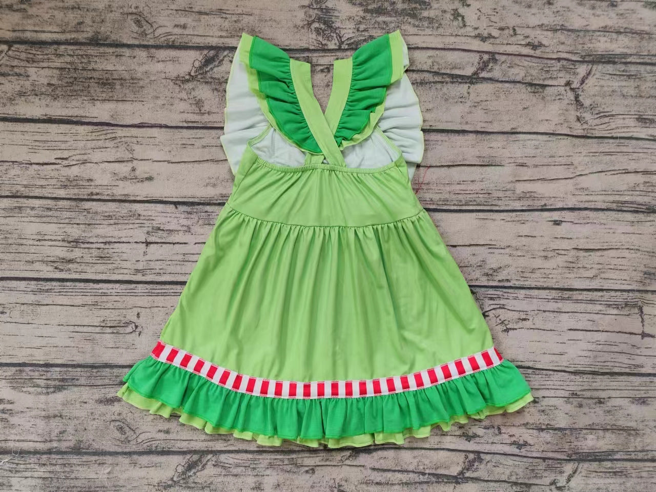 GSD1356 Love red and white striped bow green lace flying sleeve dress