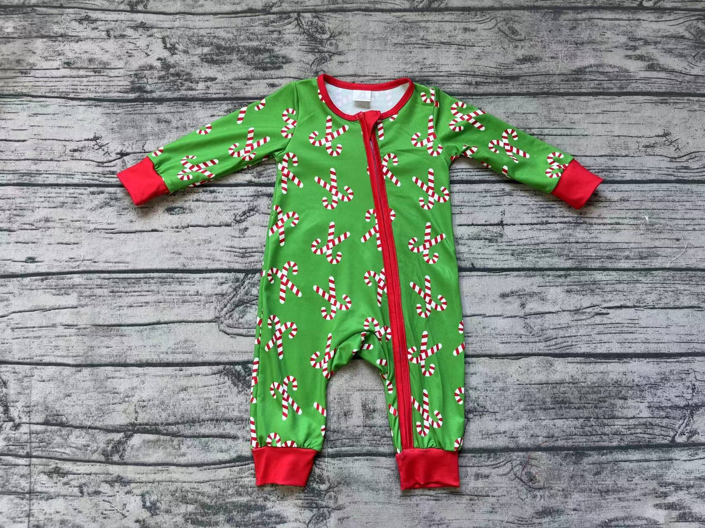 LR1237 Santa Claus Cane Red Trim Green Zip Long Sleeve Jumpsuit