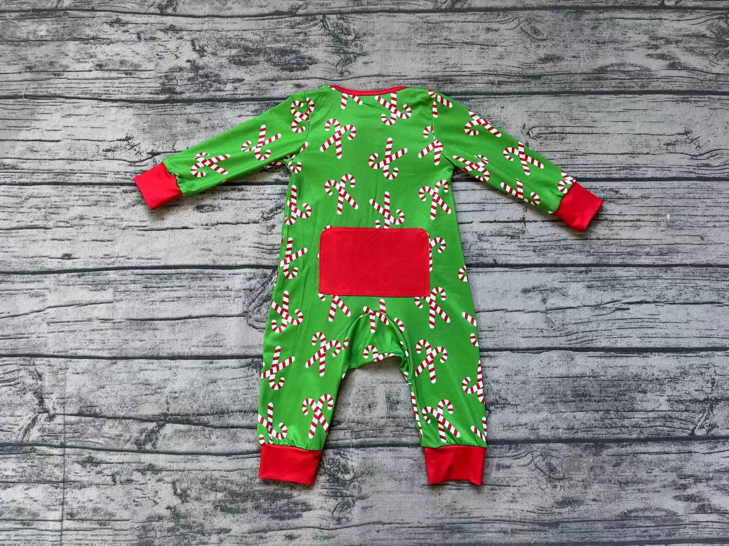 LR1237 Santa Claus Cane Red Trim Green Zip Long Sleeve Jumpsuit