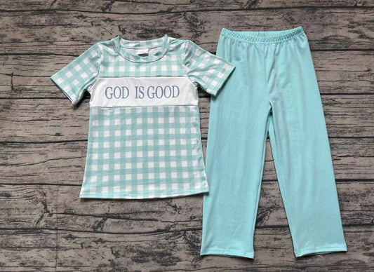 BSPO0463 god is good plaid short-sleeved teal trousers suit