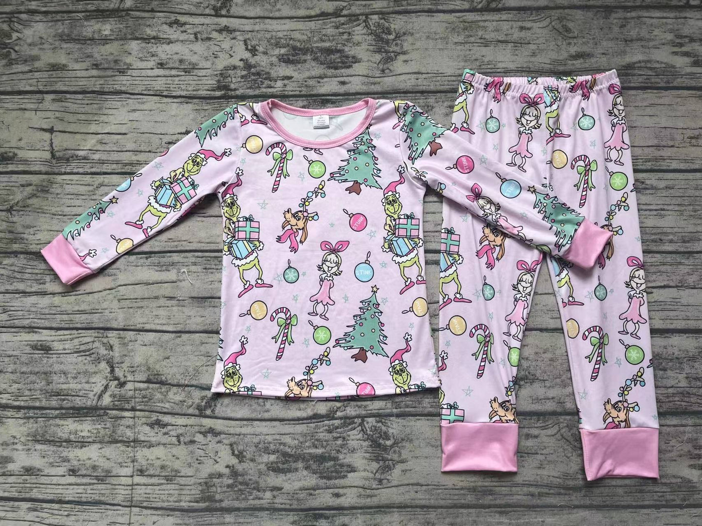 GLP1220 grinch christmas tree girl pink long sleeve trousers pajama set