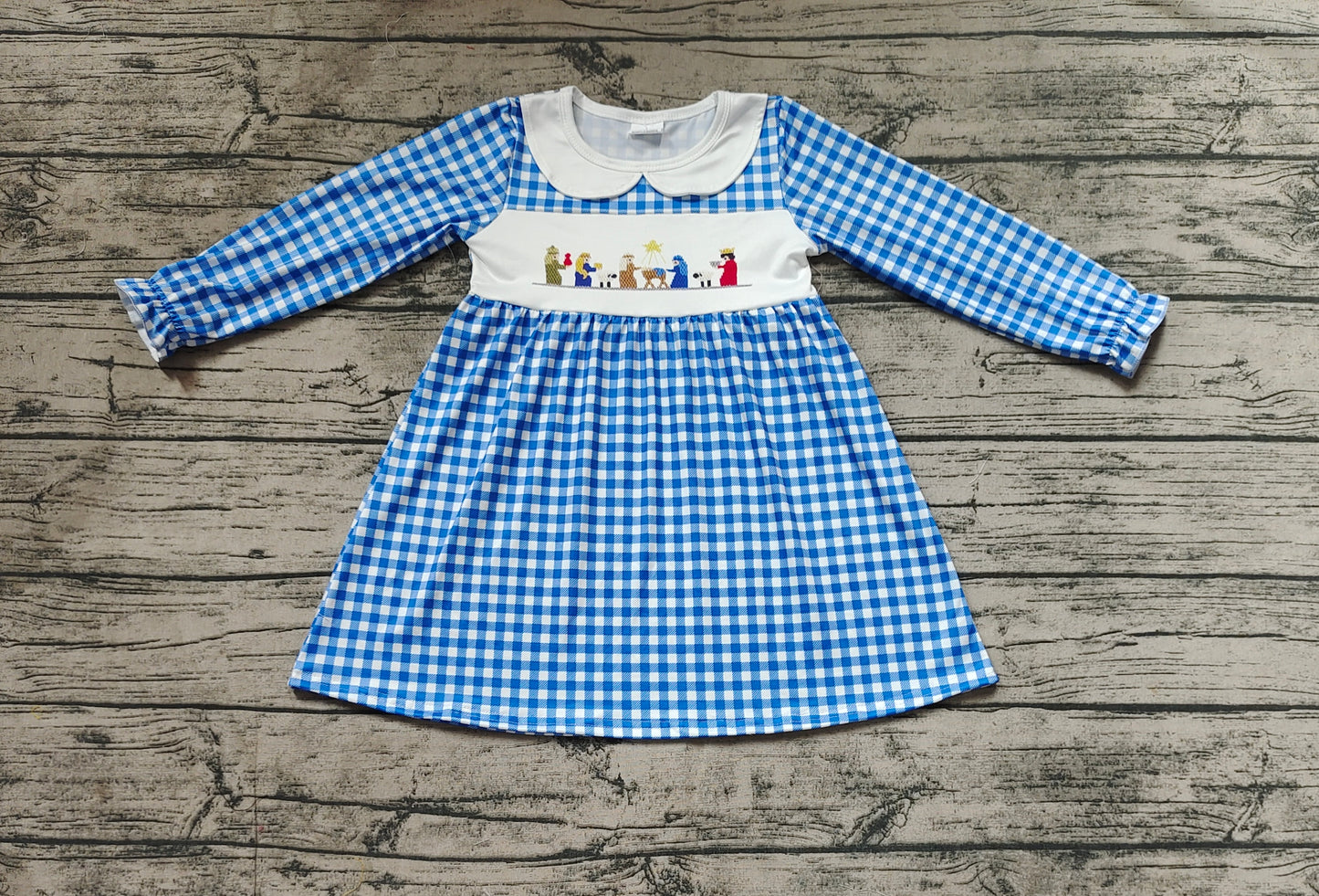 GLD0647 Jesus doll collar blue plaid long sleeve dress