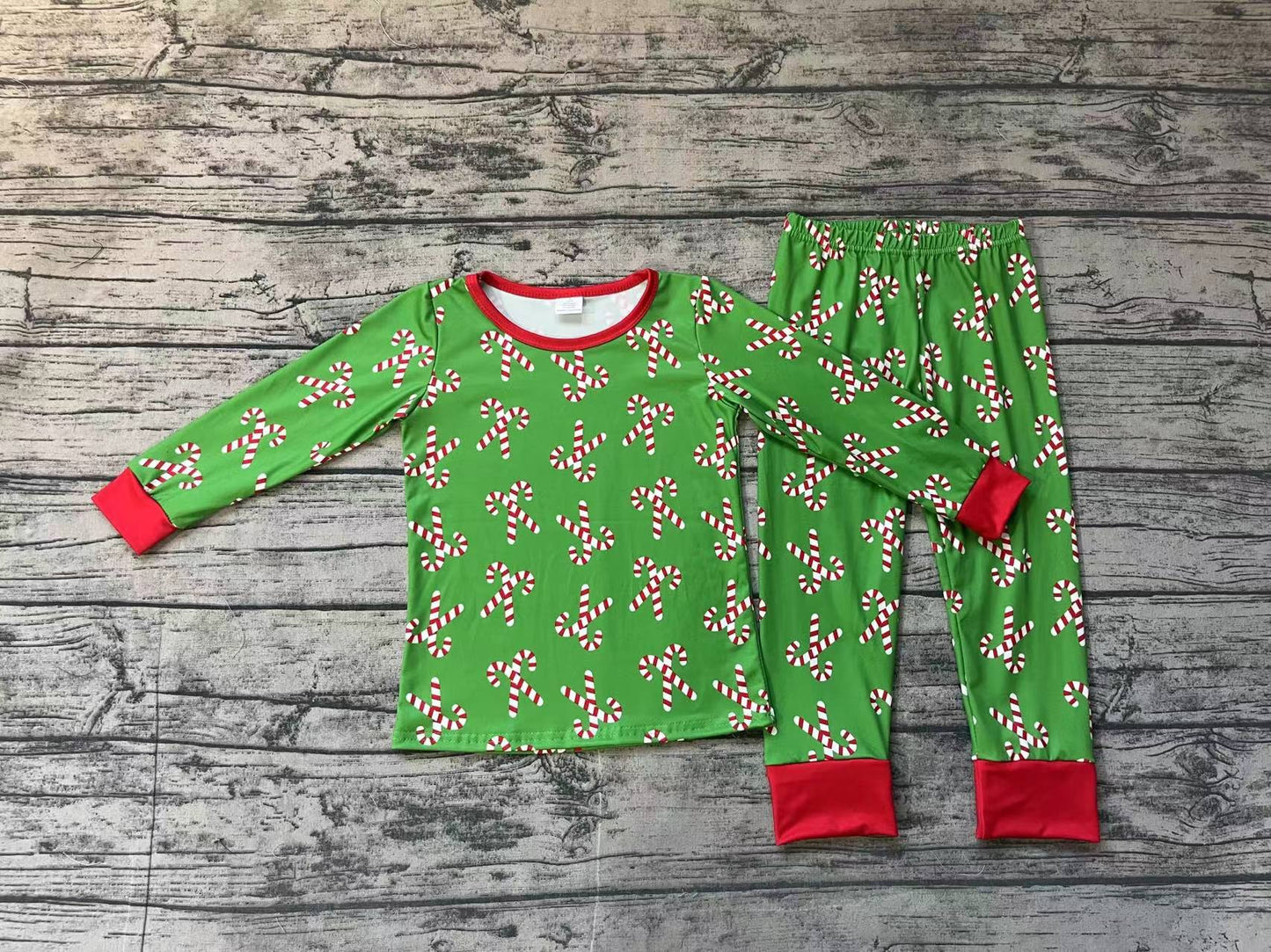 BLP0599 Santa Claus Cane Green Long Sleeve Long Pants Pajama Set