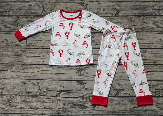 BLP0674 Ship Crayfish Crocodile Red and White Long Sleeve Long Pants Pajama Set