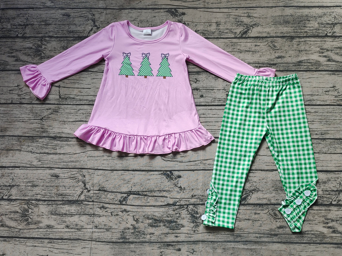 GLP1505 Bow Christmas tree pink long-sleeved green plaid trousers suit