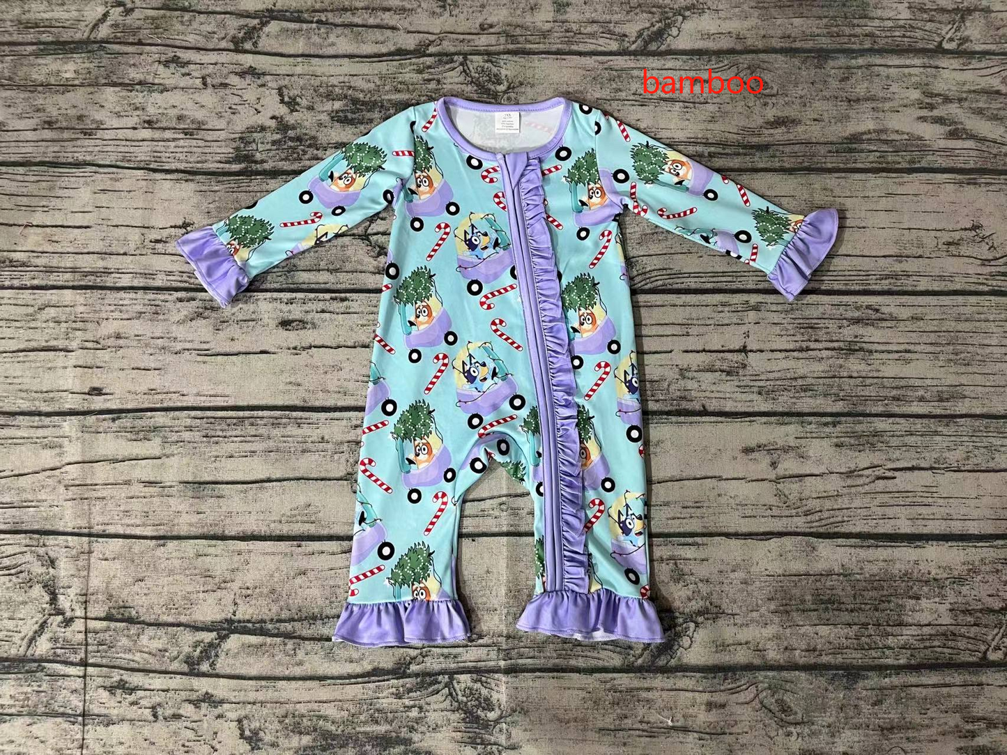 LR1419 bluey Christmas tree car walking stick purple lace blue zipper long sleeve jumpsuit