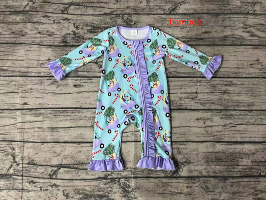 LR1419 bluey Christmas tree car walking stick purple lace blue zipper long sleeve jumpsuit