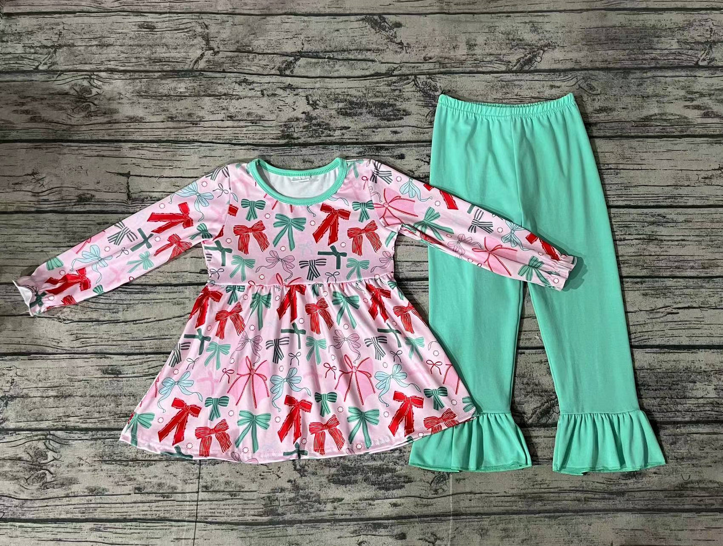 GLP1539 Bow pattern pink long sleeve green trousers suit