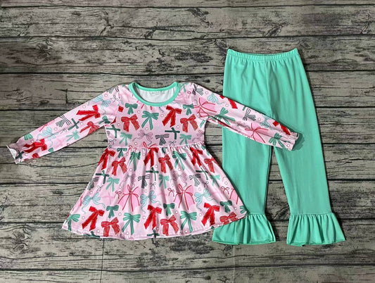 GLP1539 Bow pattern pink long sleeve green trousers suit