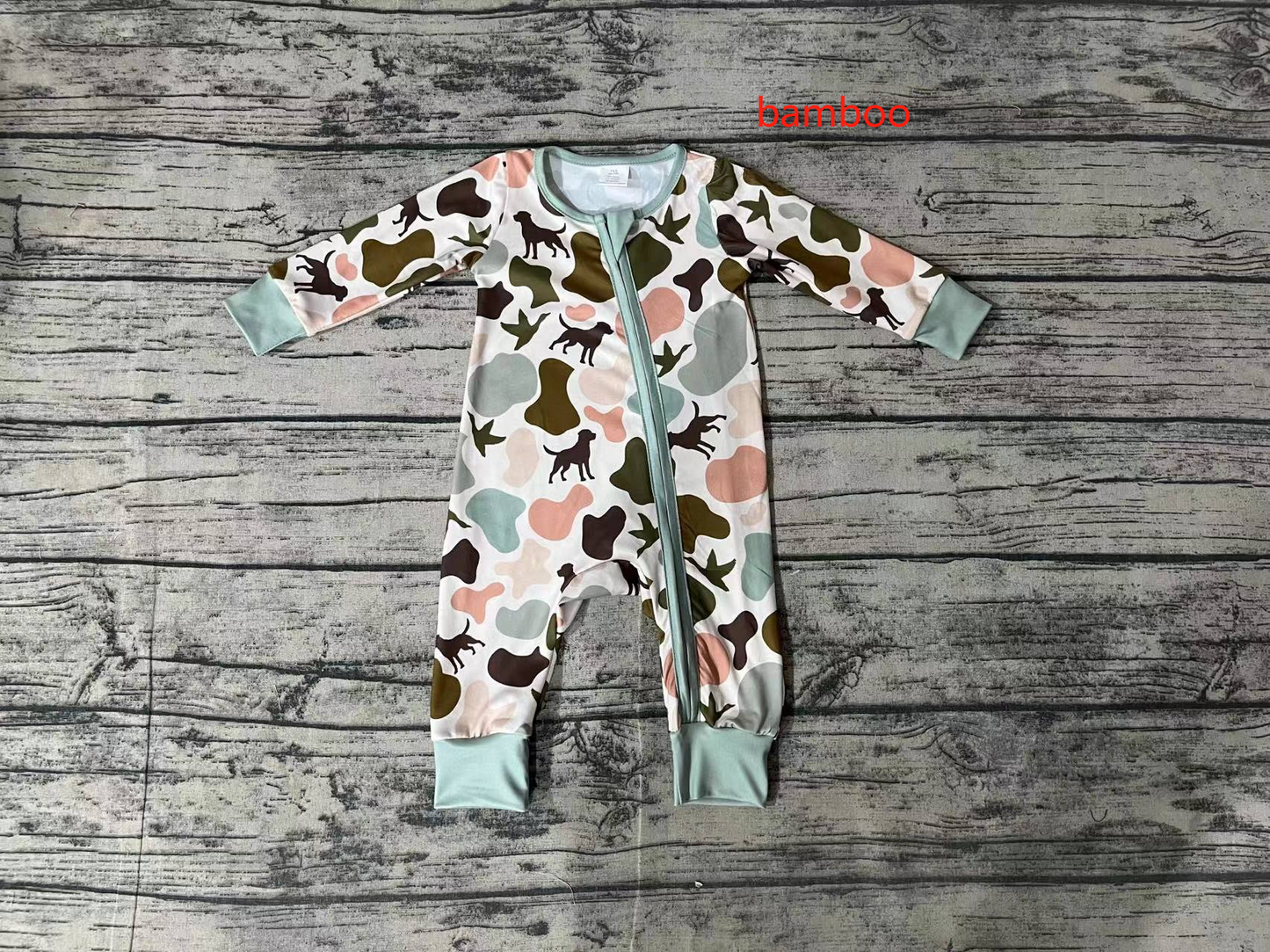 LR1387 Puppy Duck Camouflage Green Zip Long Sleeve Bodysuit