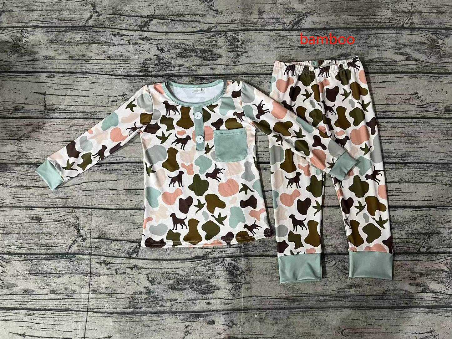 BLP0669 Puppy Duck Camouflage Green Pocket Long Sleeve Pants Pajama Set