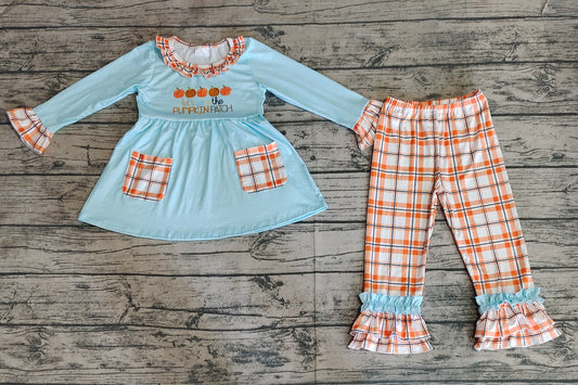 GLP1349 pumpkin patch pumpkin orange plaid pocket lace blue long sleeve trousers suit